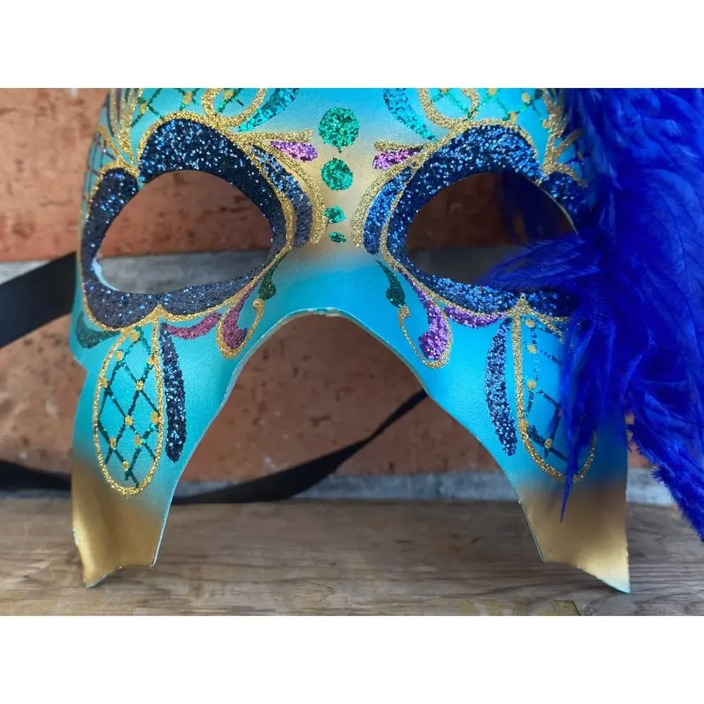 Pier 1 Mask Maschera Del Galeone Italy Hand-Painted Masquerade Blue Feathers